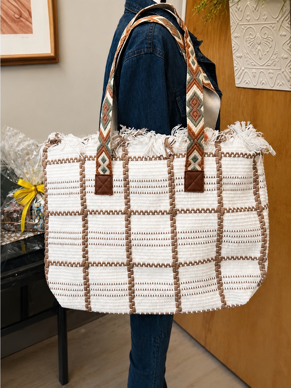 Eden Boho Fringe Tote Bag in Ivory - Picture 2 of 5